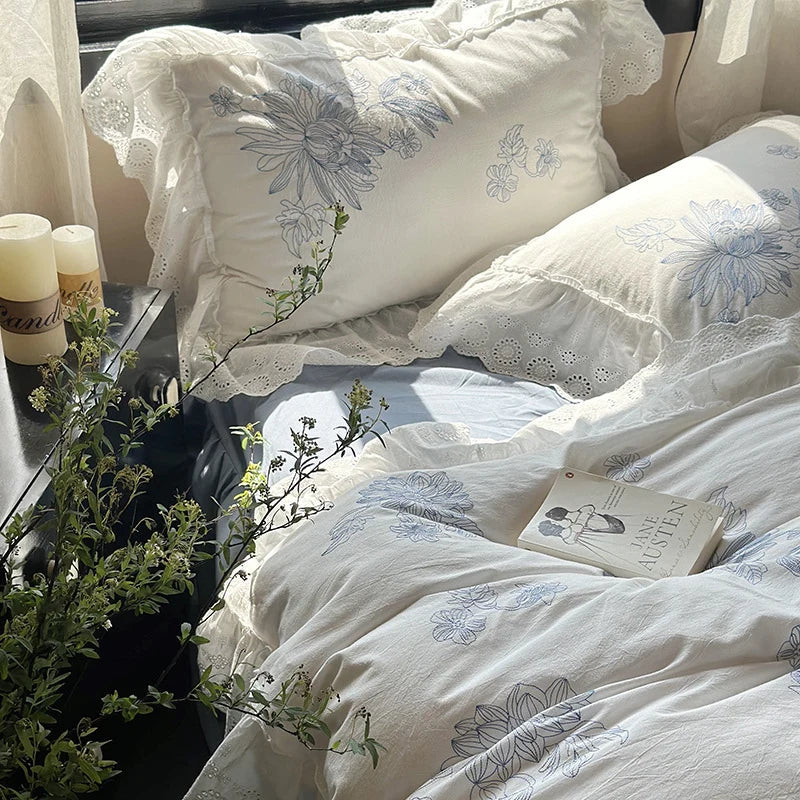 Bedding Set Breathable Cotton Floral Embroidery & Lace