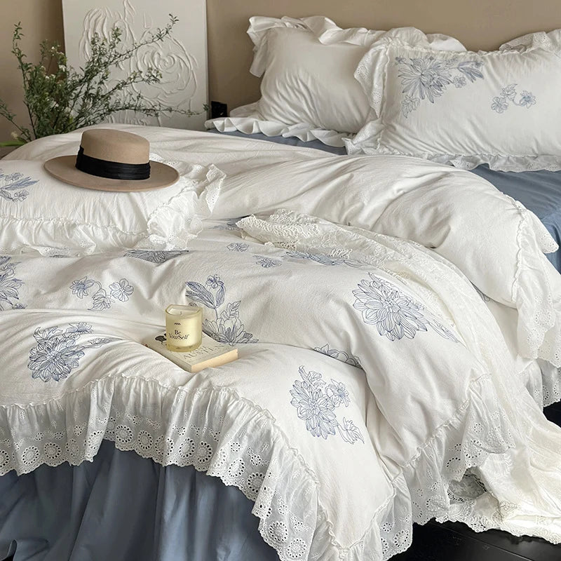 Bedding Set Breathable Cotton Floral Embroidery & Lace