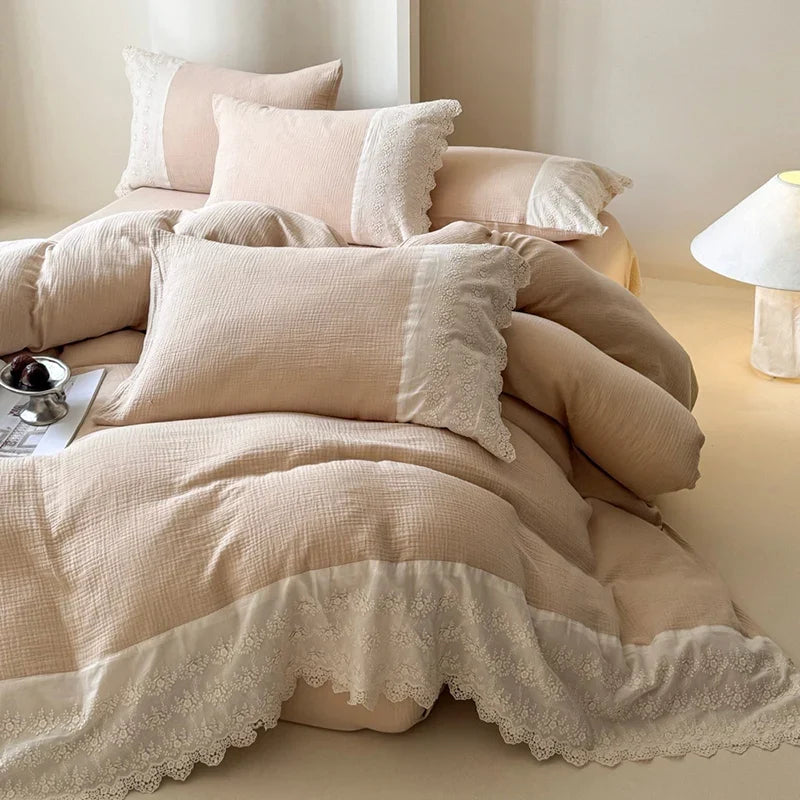 Bedding Set Breathable Cotton Gauze Cooling Lace Trim 4 Piece