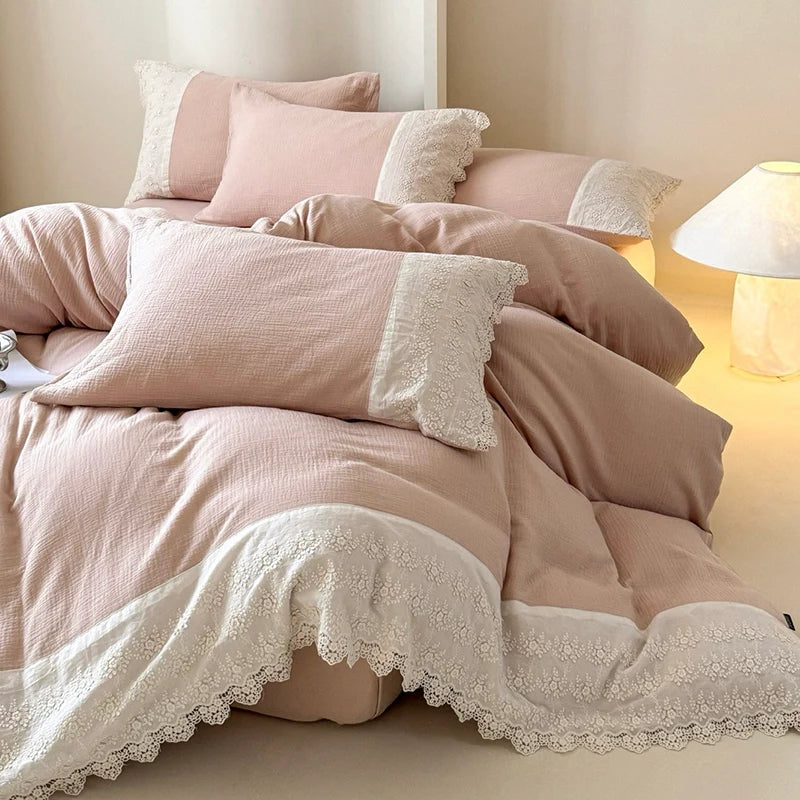 Bedding Set Breathable Cotton Gauze Cooling Lace Trim 4 Piece