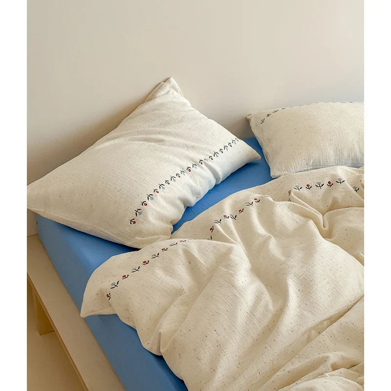 Bedding Set Breathable Cotton Gauze Embroidered Border 4-Piece