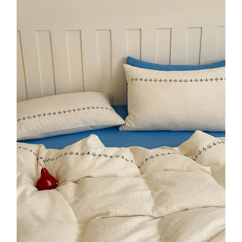 Bedding Set Breathable Cotton Gauze Embroidered Border 4-Piece