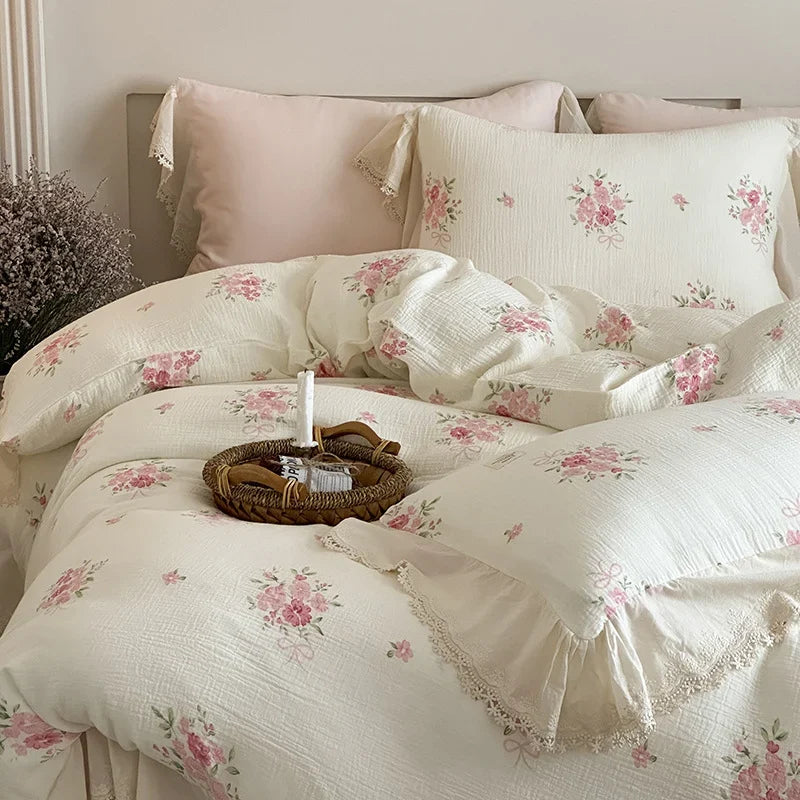 Bedding Set Breathable Cotton Gauze Floral & Lace Trim 4-Piece