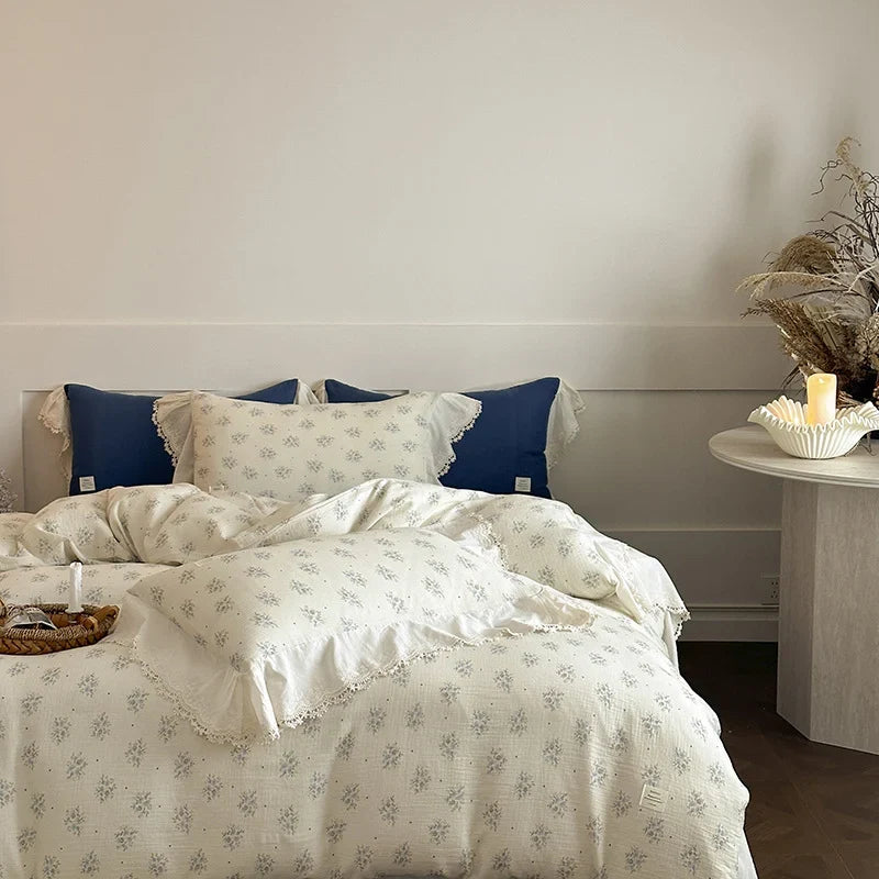 Bedding Set Breathable Cotton Gauze Floral & Lace Trim 4-Piece