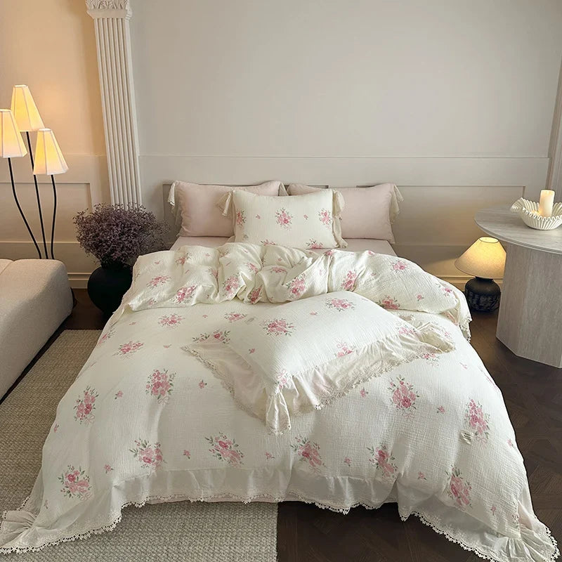 Bedding Set Breathable Cotton Gauze Floral & Lace Trim 4-Piece