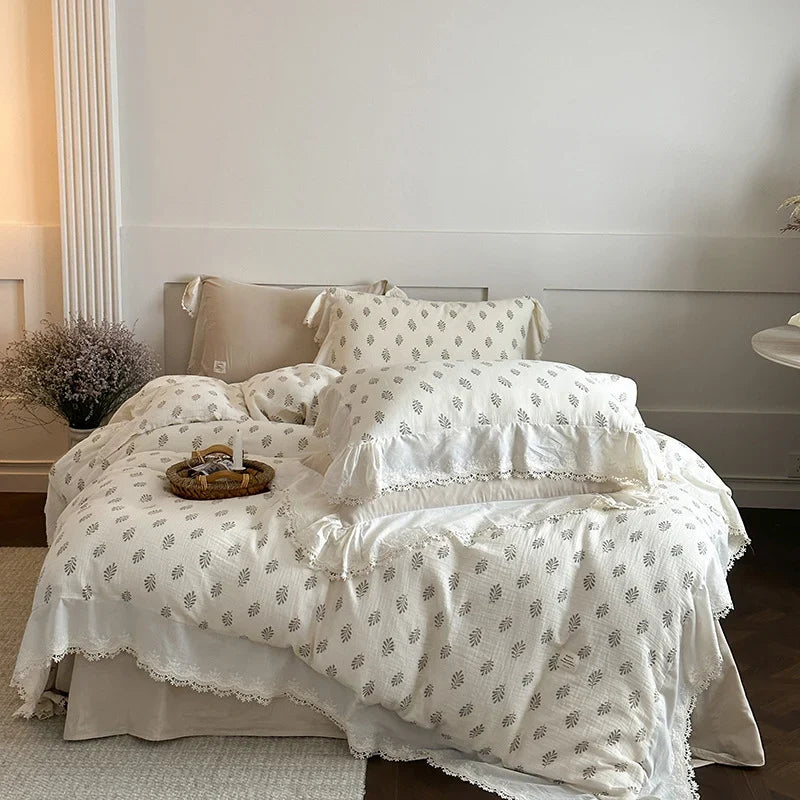Bedding Set Breathable Cotton Gauze Floral & Lace Trim 4-Piece