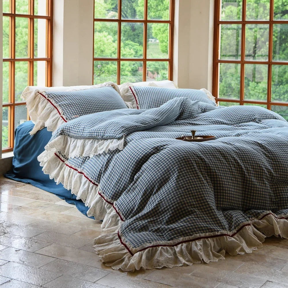 Bedding Set Breathable Cotton Gauze Lace Trim 4-Piece