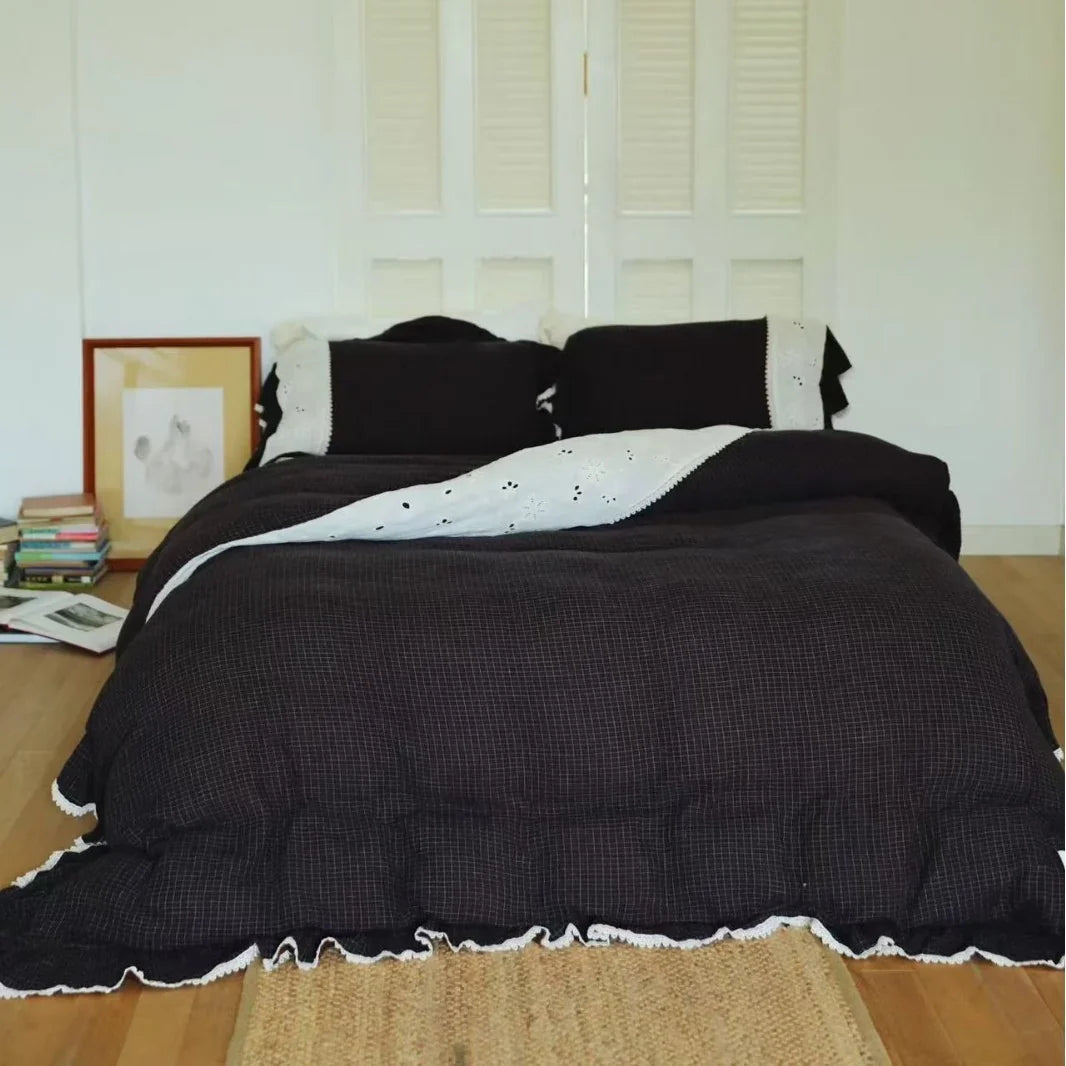 Bedding Set Breathable Cotton Gauze Lace Trim 4-Piece