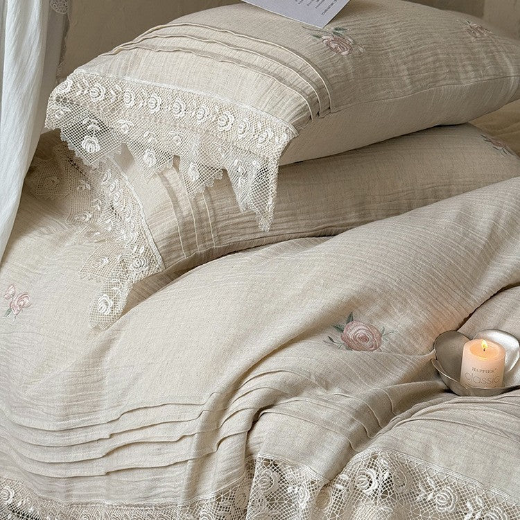 Bedding Set Breathable Cotton Gauze Rose Embroidery 4 Piece
