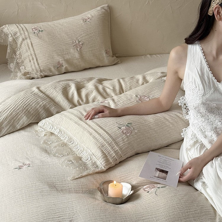 Bedding Set Breathable Cotton Gauze Rose Embroidery 4 Piece