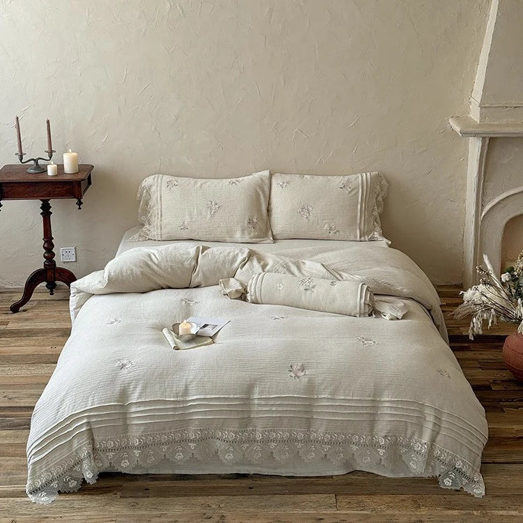 Bedding Set Breathable Cotton Gauze Rose Embroidery 4 Piece
