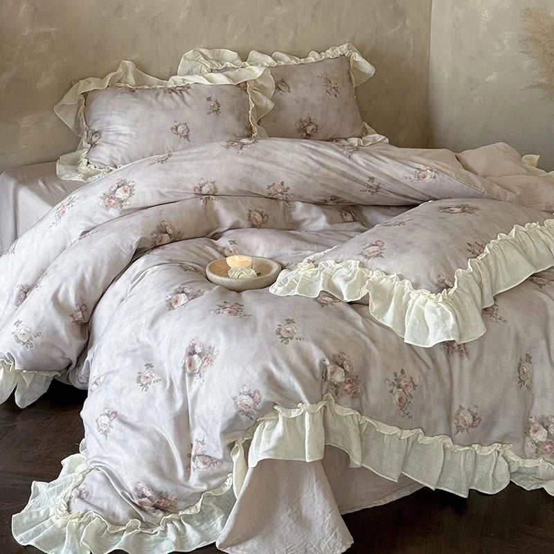 Bedding Set Breathable Cotton Gauze Watercolor Rose Ruffle Trim
