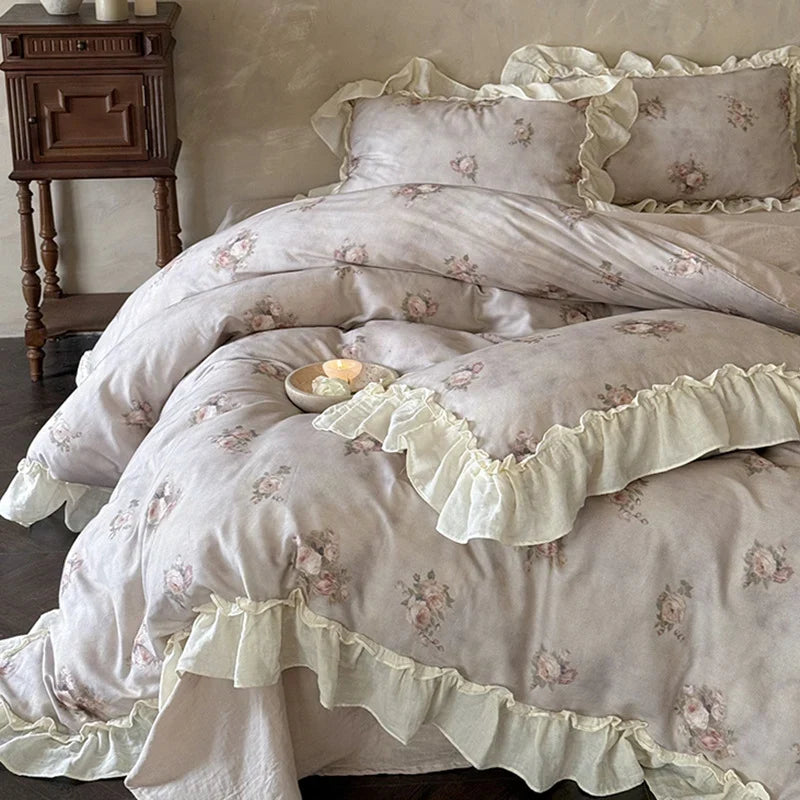 Bedding Set Breathable Cotton Gauze Watercolor Rose Ruffle Trim