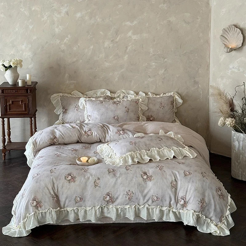 Bedding Set Breathable Cotton Gauze Watercolor Rose Ruffle Trim