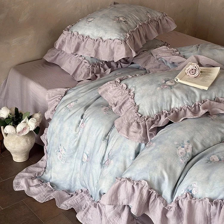 Bedding Set Breathable Cotton Gauze Watercolor Rose Ruffle Trim