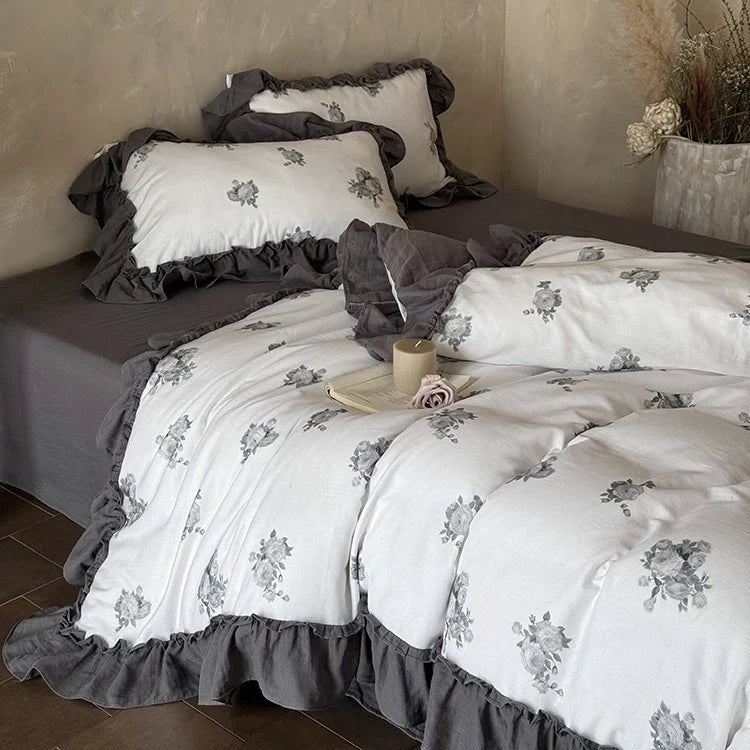 Bedding Set Breathable Cotton Gauze Watercolor Rose Ruffle Trim
