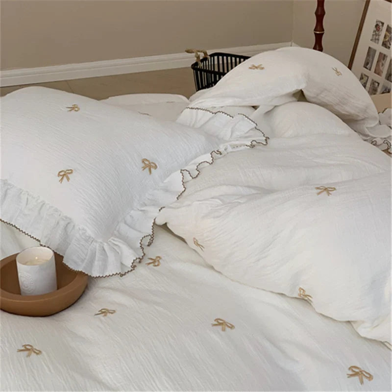 Bedding Set Breathable Cotton Muslin Bow Embroidery