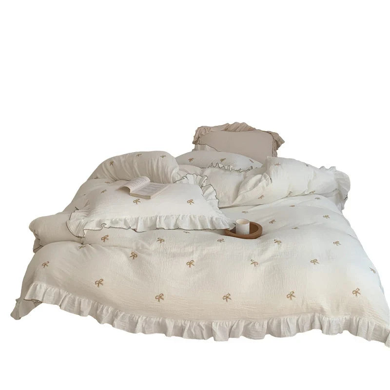 Bedding Set Breathable Cotton Muslin Bow Embroidery