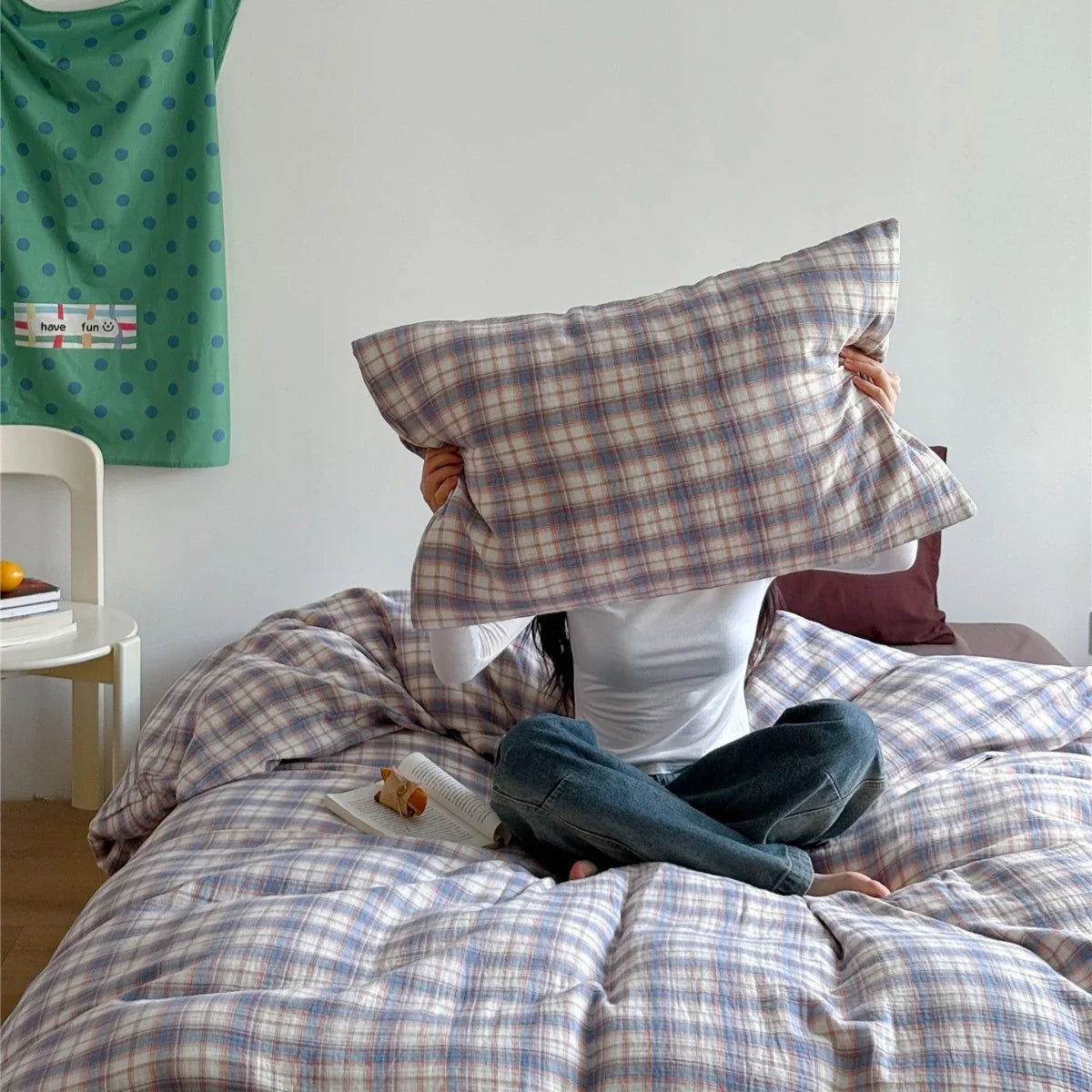Bedding Set Breathable Cotton Muslin Pastel Check