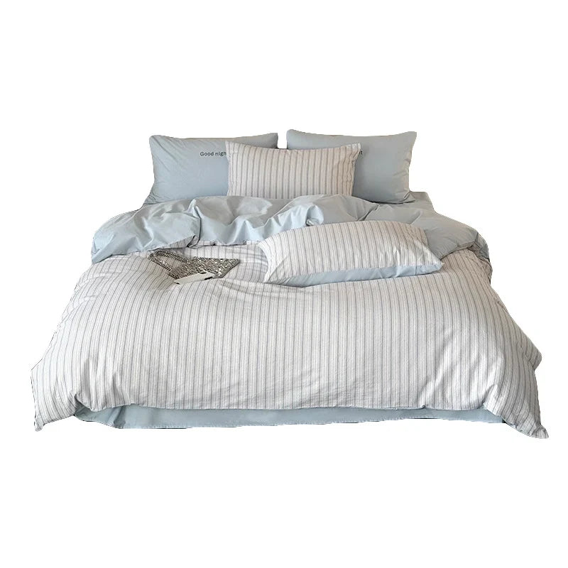 Bedding Set Breathable Cotton Muslin Reversible Fine Stripe