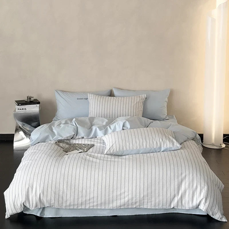 Bedding Set Breathable Cotton Muslin Reversible Fine Stripe