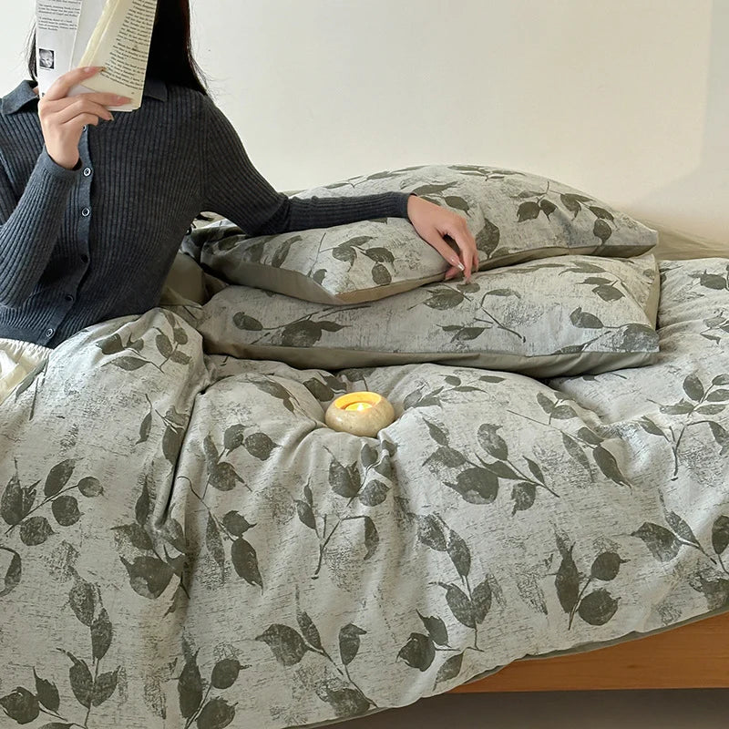 Bedding Set Breathable Cotton Percale Reversible Leaf Print