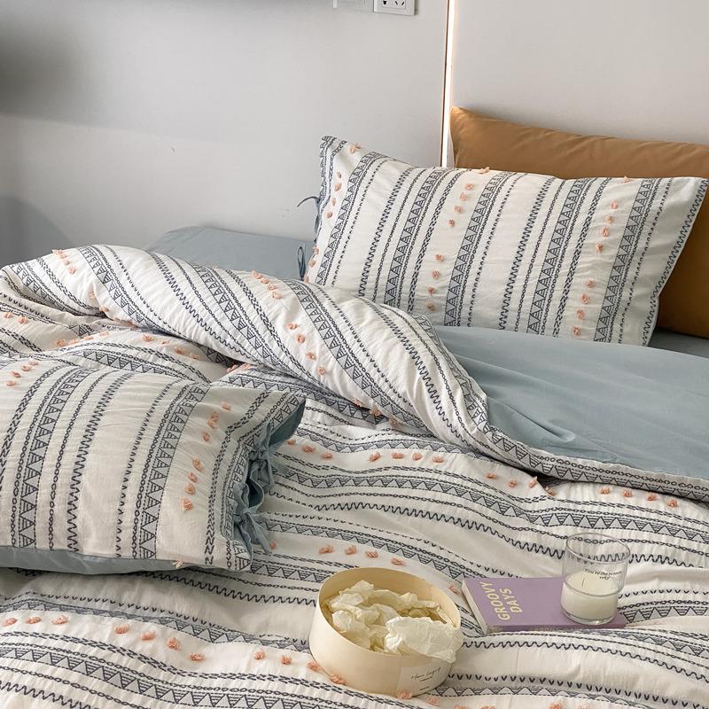 Bedding Set Breathable Cotton Percale Striped & Embroidered Wrinkle-Resistant