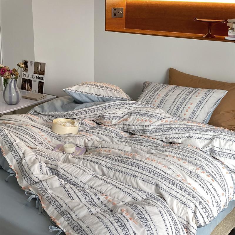 Bedding Set Breathable Cotton Percale Striped & Embroidered Wrinkle-Resistant
