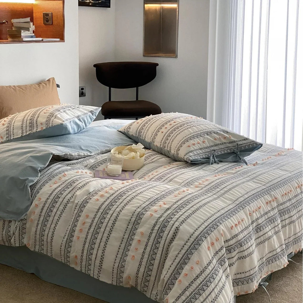 Bedding Set Breathable Cotton Percale Striped & Embroidered Wrinkle-Resistant