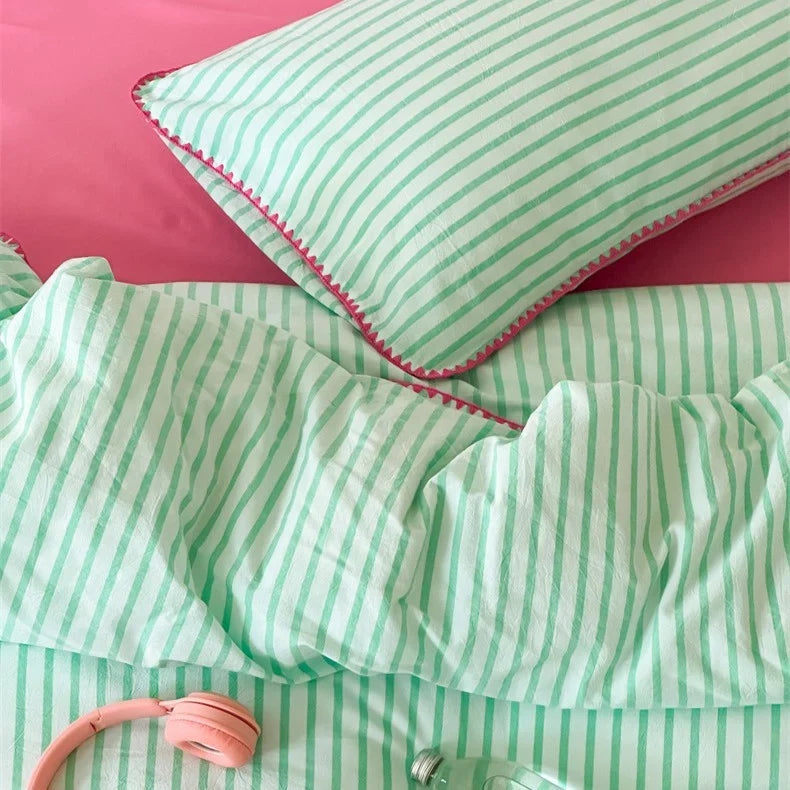 Bedding Set Breathable Cotton Percale Striped Piping