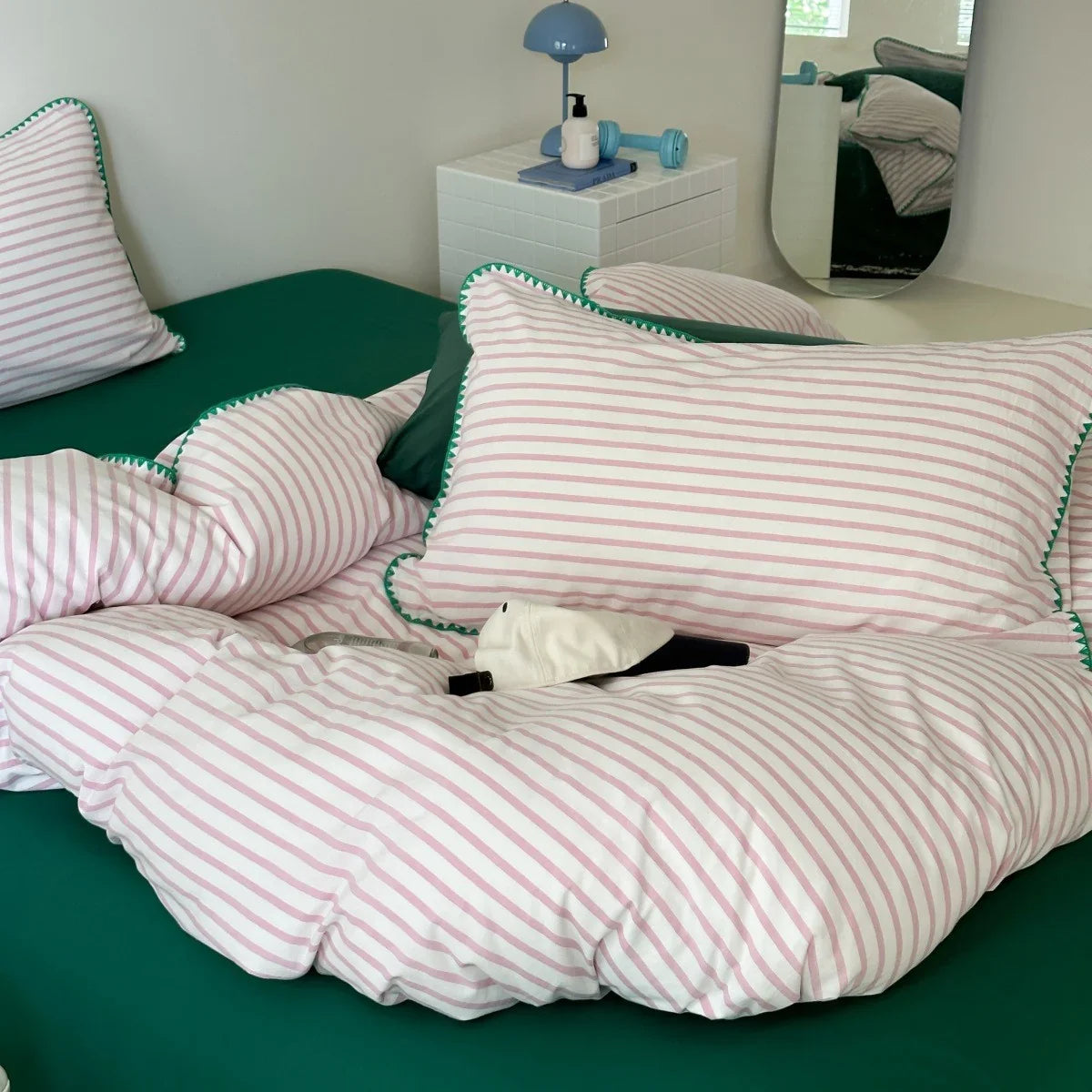 Bedding Set Breathable Cotton Percale Striped Piping