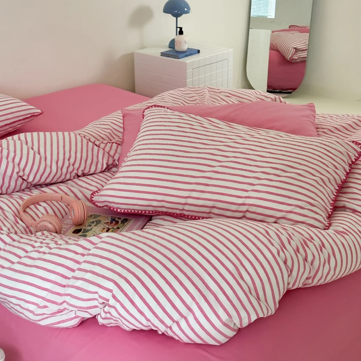Bedding Set Breathable Cotton Percale Striped Piping