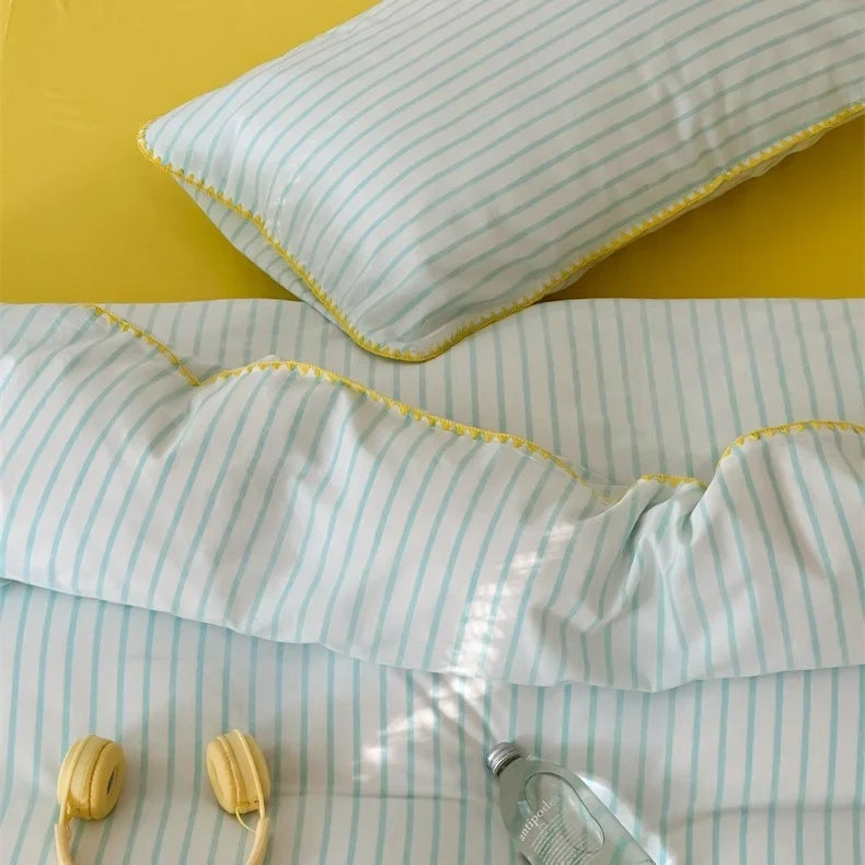 Bedding Set Breathable Cotton Percale Striped Piping