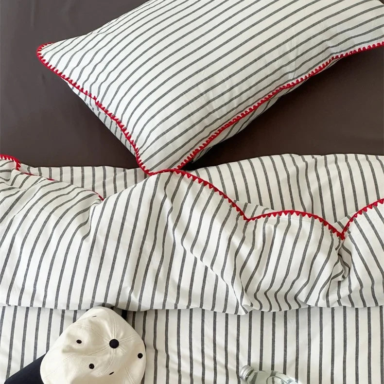 Bedding Set Breathable Cotton Percale Striped Piping