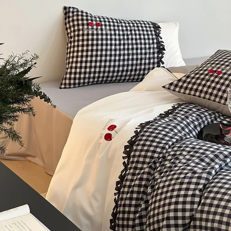 Bedding Set Breathable Cotton Satin Vichy Check 4-Piece