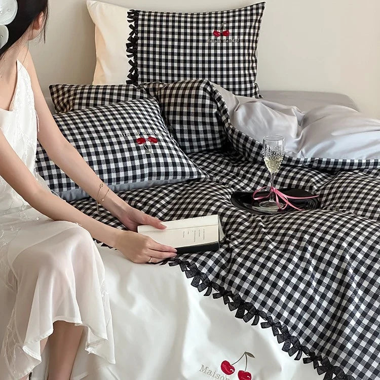 Bedding Set Breathable Cotton Satin Vichy Check 4-Piece