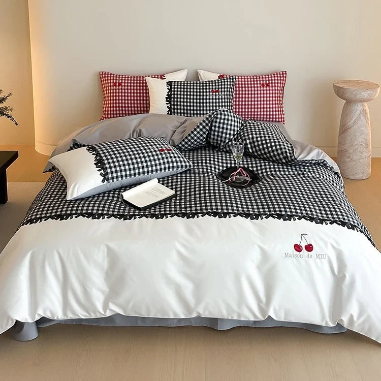 Bedding Set Breathable Cotton Satin Vichy Check 4-Piece