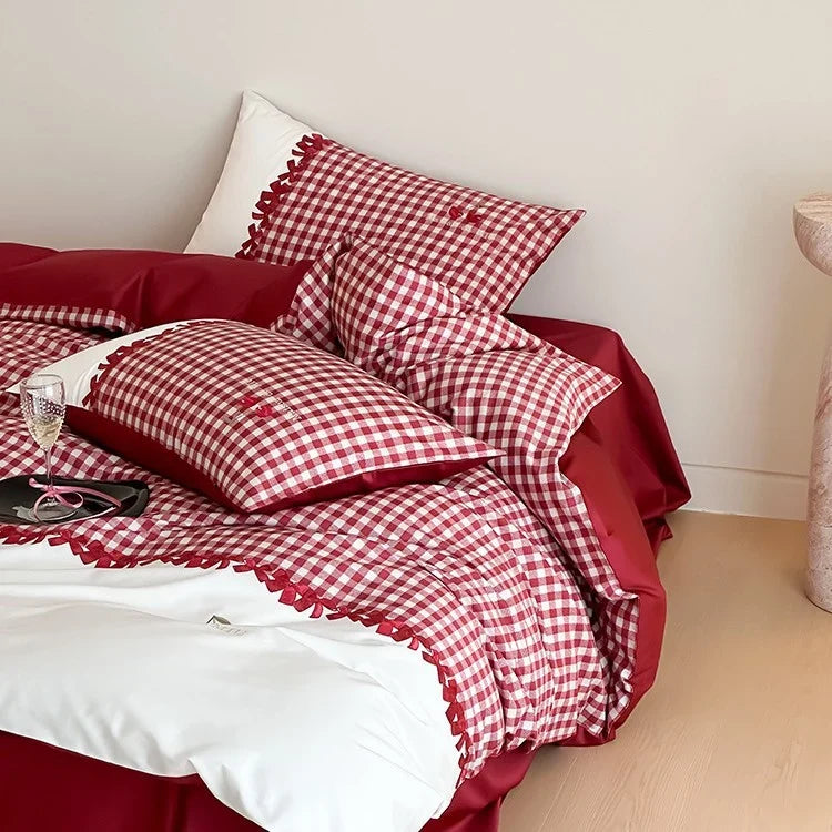 Bedding Set Breathable Cotton Satin Vichy Check 4-Piece