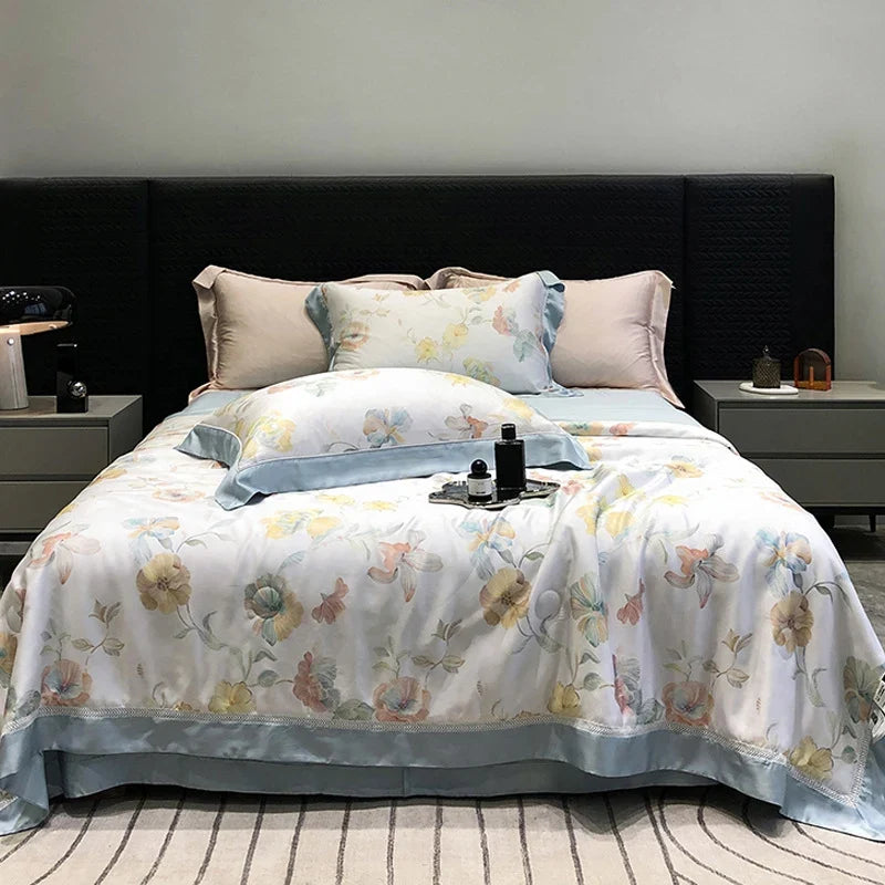 Bedding Set Breathable Cotton Satin Watercolor Floral Ruffle Trim
