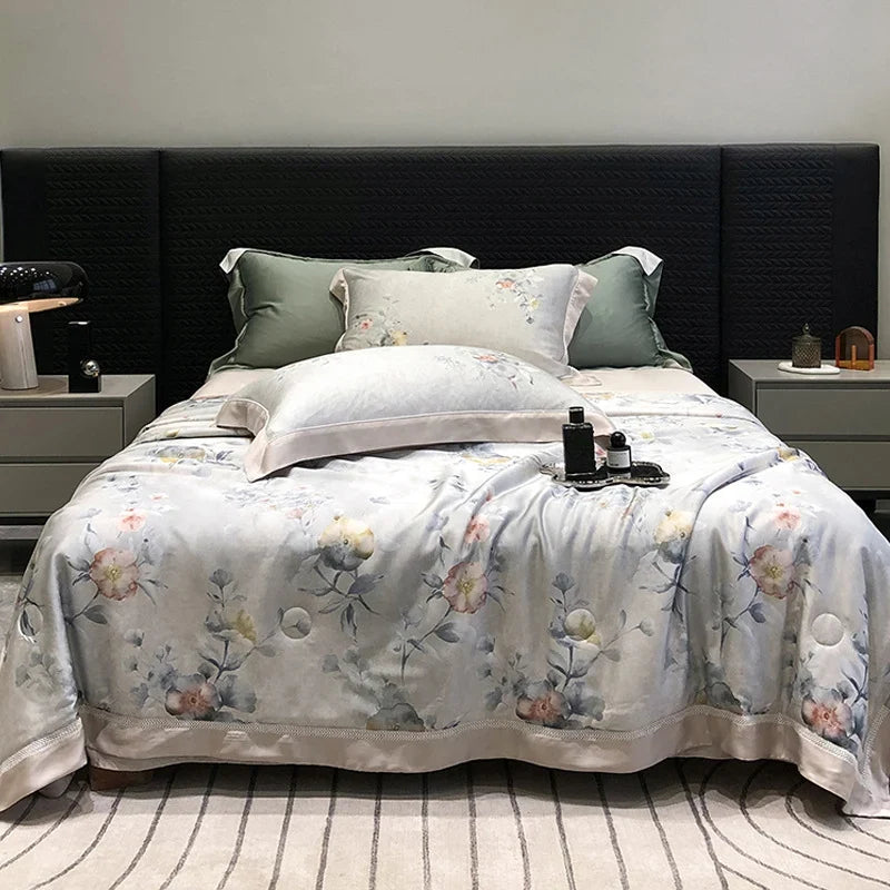 Bedding Set Breathable Cotton Satin Watercolor Floral Ruffle Trim