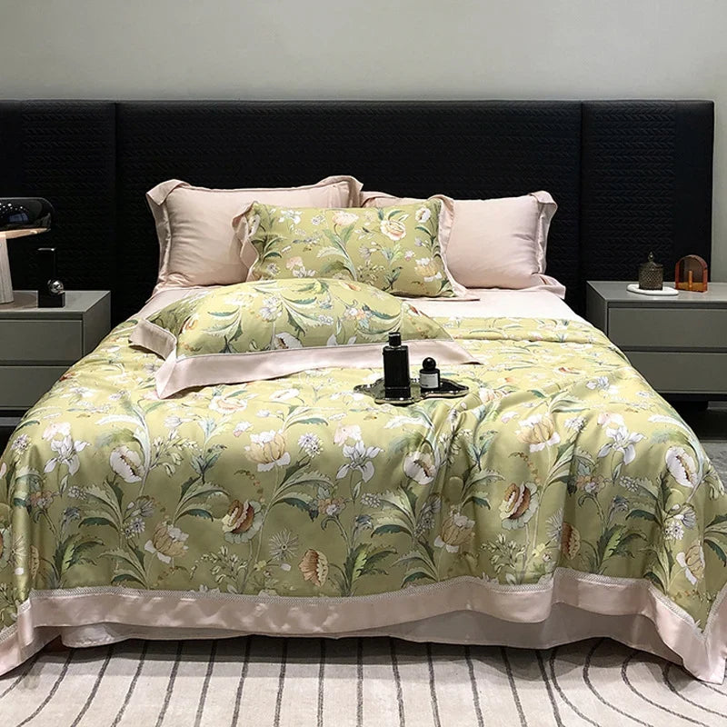 Bedding Set Breathable Cotton Satin Watercolor Floral Ruffle Trim