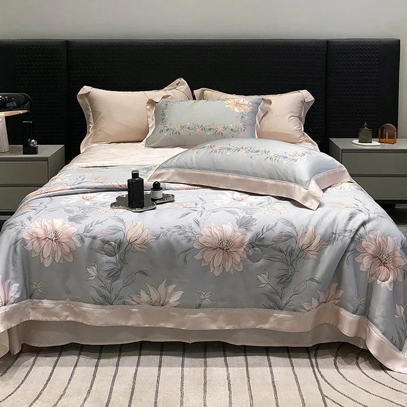 Bedding Set Breathable Cotton Satin Watercolor Floral Ruffle Trim