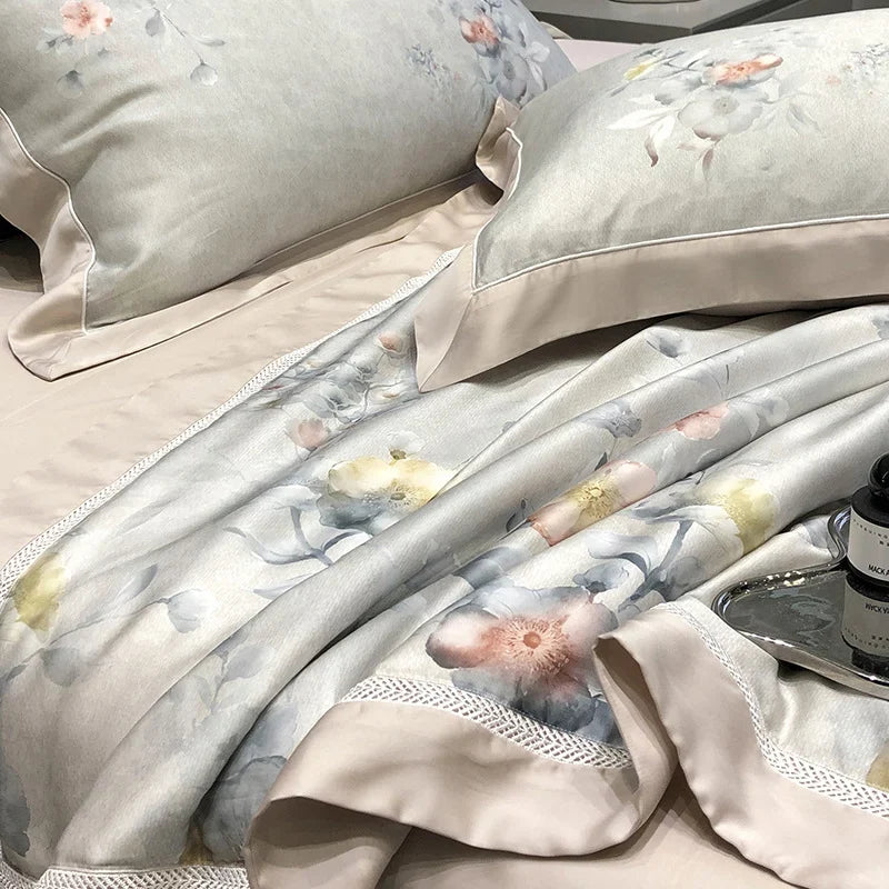 Bedding Set Breathable Cotton Satin Watercolor Floral Ruffle Trim