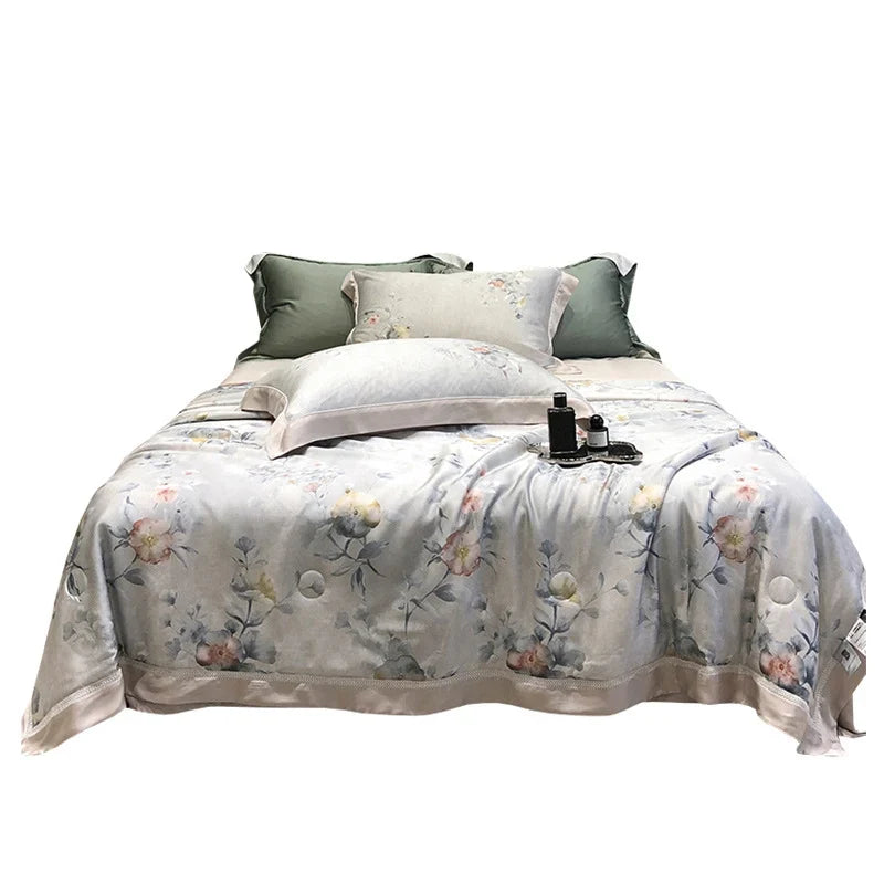 Bedding Set Breathable Cotton Satin Watercolor Floral Ruffle Trim