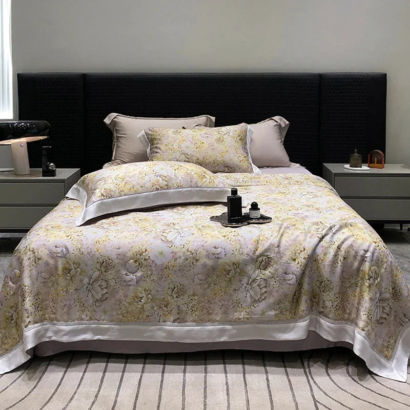 Bedding Set Breathable Cotton Satin Watercolor Floral Ruffle Trim