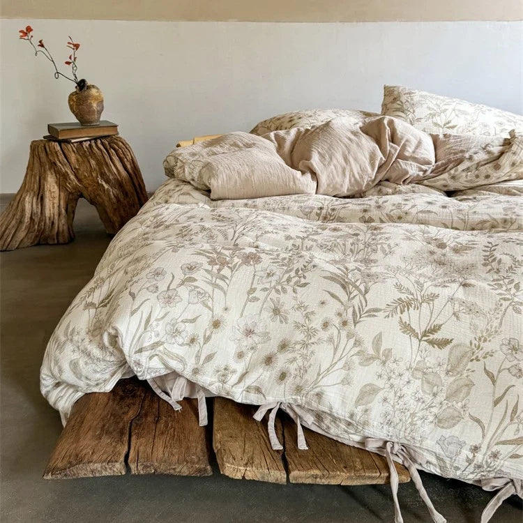 Bedding Set Breathable Washed Cotton Gauze Tie Ribbons