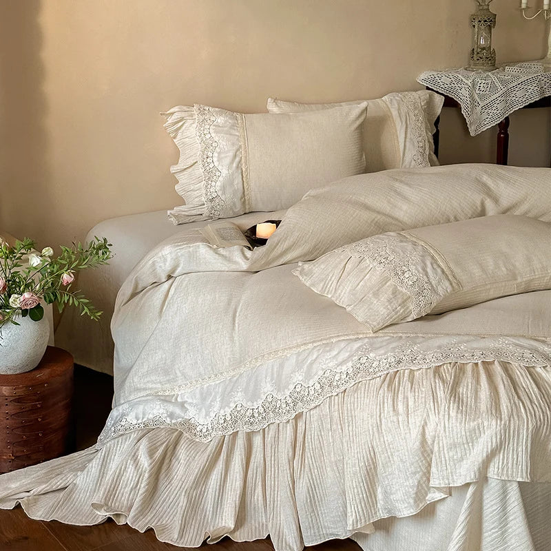 Bedding Set Breathable Washed Linen Ruffle & Lace