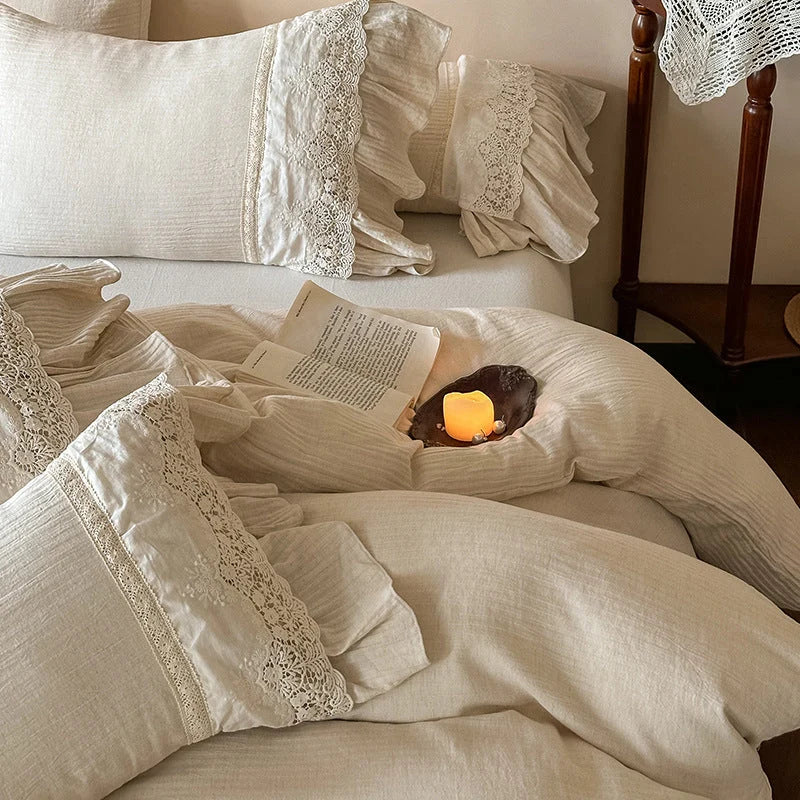 Bedding Set Breathable Washed Linen Ruffle & Lace