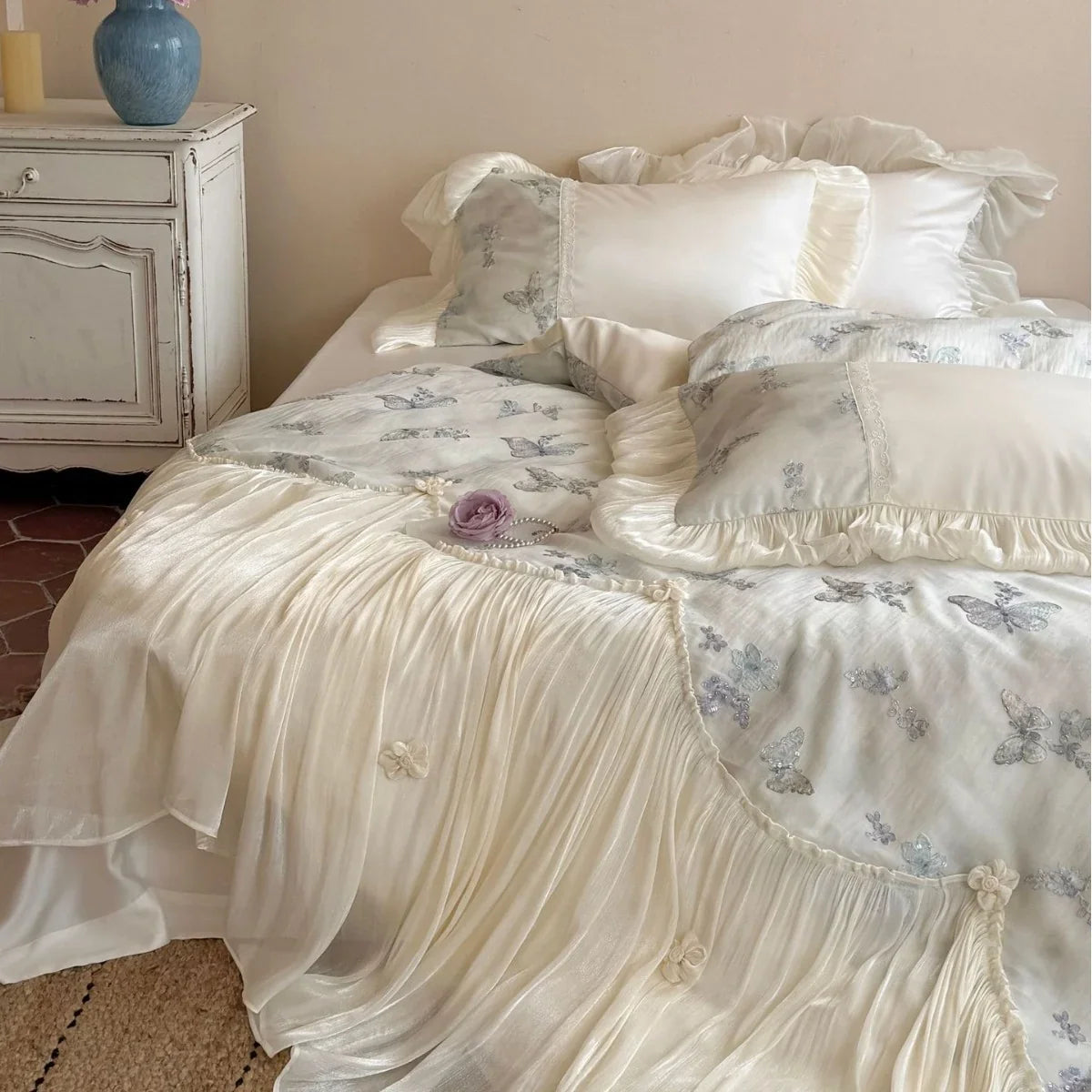 Bedding Set Cotton Blend Chiffon Ruffle & Embroidered Butterfly