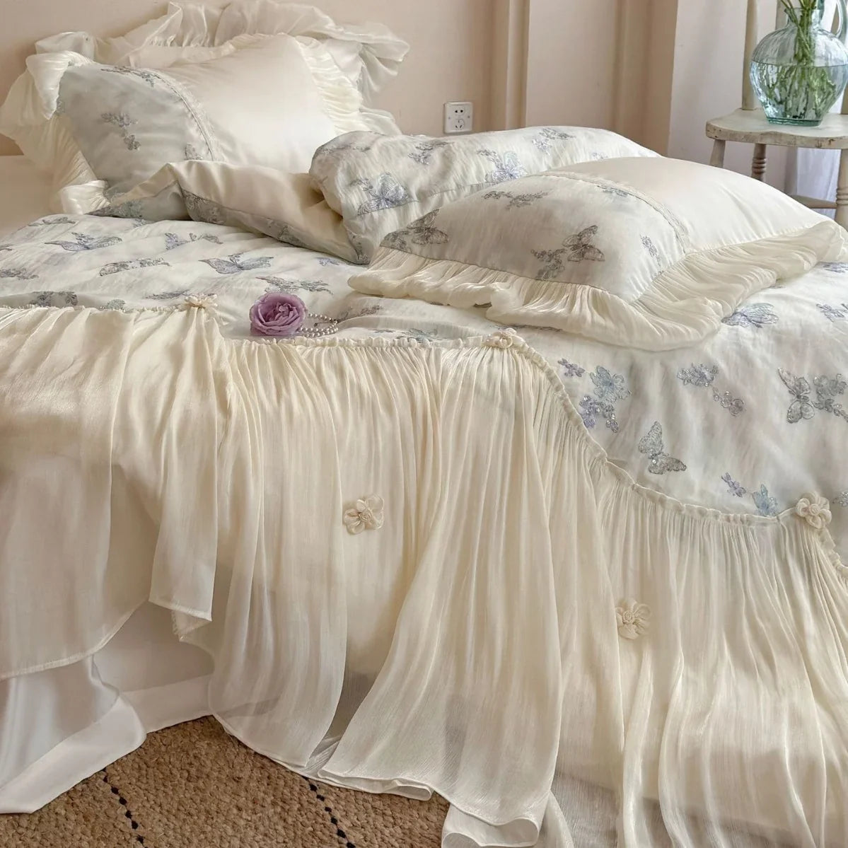 Bedding Set Cotton Blend Chiffon Ruffle & Embroidered Butterfly